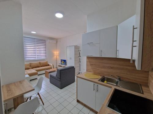 a kitchen and a living room with a couch at Studio Petrovac B in Petrovac na Mlavi
