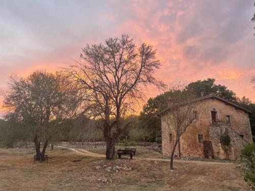 an old stone building with a picnic table and trees at Agriturismo Il Caggio in Sovicille