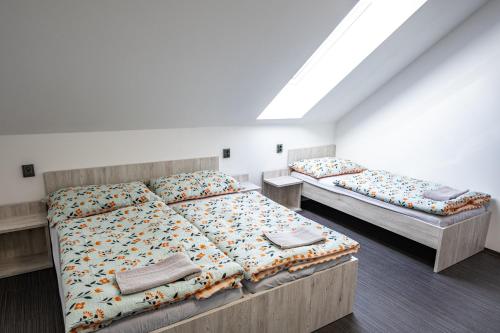 a bedroom with two beds and a skylight at Penzion Fann in Humpolec
