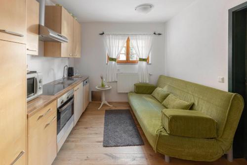 a living room with a green couch in a kitchen at Hiša Ojstrica in Solčava