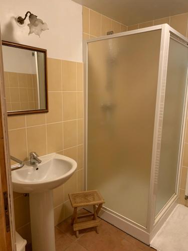 La salle de bains est pourvue d'une douche et d'un lavabo. dans l'établissement Maison Le Haut Fée, 