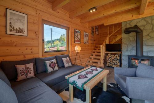 a living room with a couch and a fireplace at Willa Górski Raj - 4 sypialnie, 2 łazienki, sauna, tradycyjna balia in Korbielów