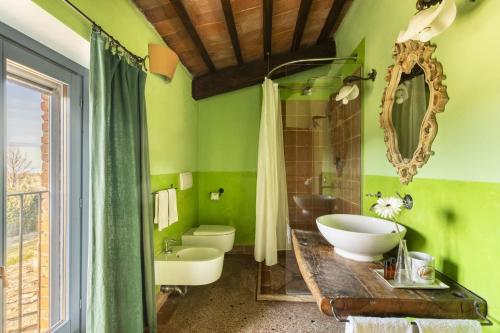 Baño verde con lavabo y espejo en Villa - Podere Monti en Sant'Albino