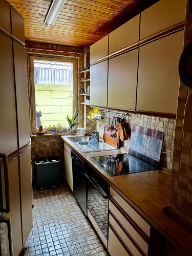 a kitchen with a sink and a stove top oven at Torbogenstübchen in Ostfildern