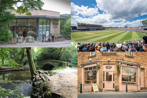 a group of four pictures of a ballpark and a building at Stylish 2-Bed flat in North Leeds, great location in Leeds