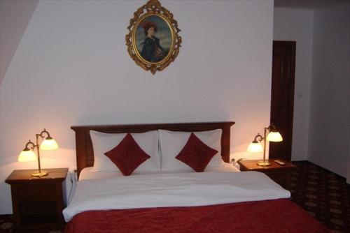 a bedroom with a bed with two lamps and a picture on the wall at Vila Royal in Bacău