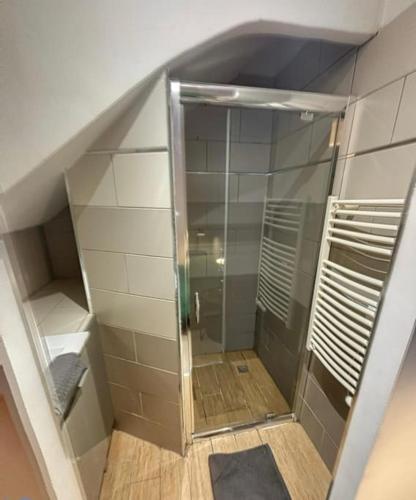 La salle de bains mansardée est pourvue d'une douche à l'italienne. dans l'établissement La terrasse des remparts - Sublime T3, à Carcassonne