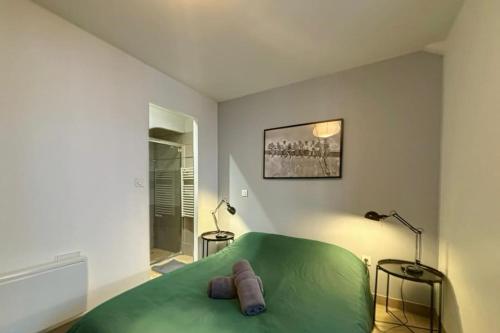 a bedroom with a green bed and a mirror at La terrasse des remparts - Sublime T3 in Carcassonne