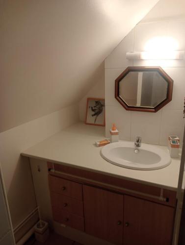 a bathroom with a sink and a mirror at Maison de campagne in Le Lude