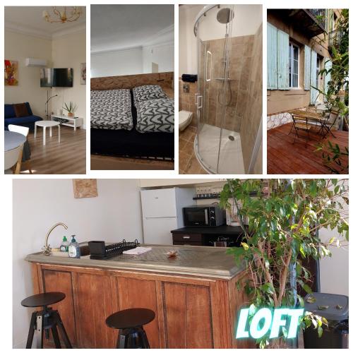 un collage de photos d'une cuisine et d'une chambre dans l'établissement La maison de Dannie, à Gardanne