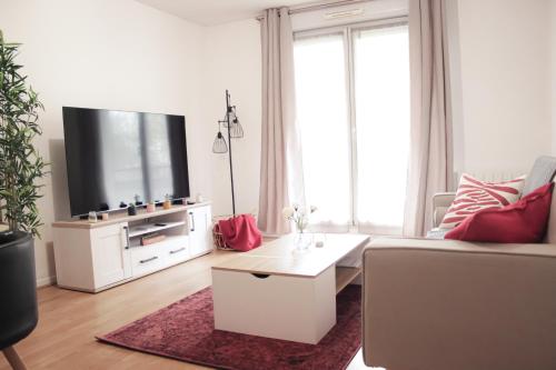 a living room with a couch and a tv at *Claire : Appartement avec *balcon + parking* in Mantes-la-Jolie