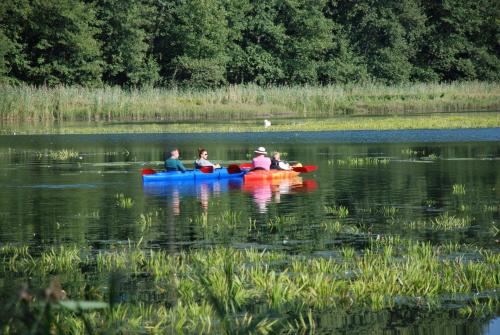 a group of people in a kayak on a lake at Natura Apartamenty in Swaderki