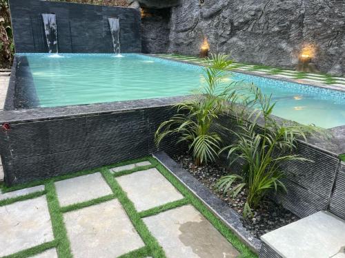 a swimming pool with a waterfall and plants at Spring Valley in Anachal