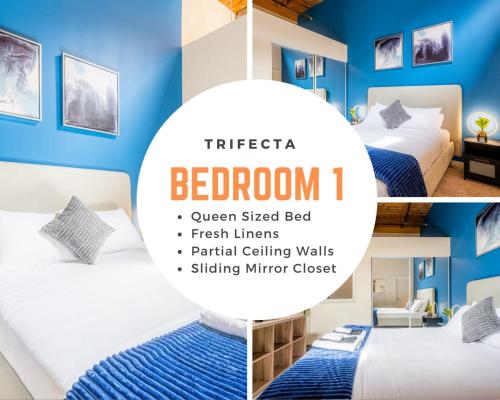 a collage of three pictures of a bedroom with blue walls at 100 Year Old Historic Brick 2BR Loft High Ceiling3 in Durham