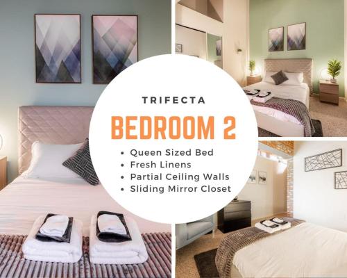 a collage of pictures of a bedroom with two beds at 100 Year Old Historic Brick 2BR Loft High Ceiling3 in Durham