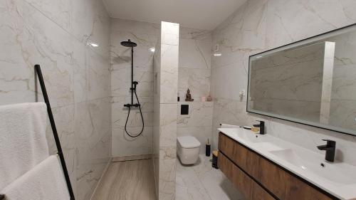 ein Bad mit einem WC, einem Waschbecken und einer Dusche in der Unterkunft Albufeira Oura Beach Apartment in Albufeira