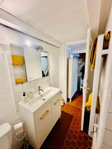 une salle de bain avec un lavabo blanc et un miroir dans l'établissement La Bohème : Gardon et Pont Du Gard, à Remoulins