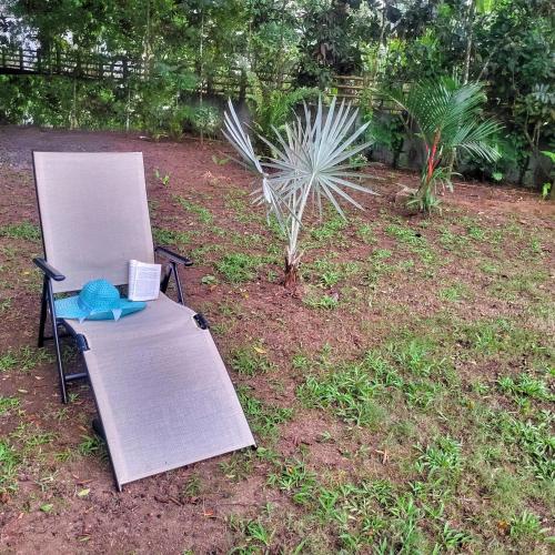 a chair sitting in a yard with a blue stuffed animal on it at Villas Playa Palo Seco in Parrita