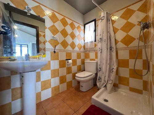 a bathroom with a sink and a toilet and a shower at Casa rural en Badajoz in Jerez de los Caballeros