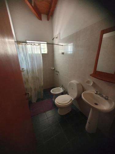 a bathroom with a toilet and a sink at El Aguaribay de los Nonos in Mina Clavero