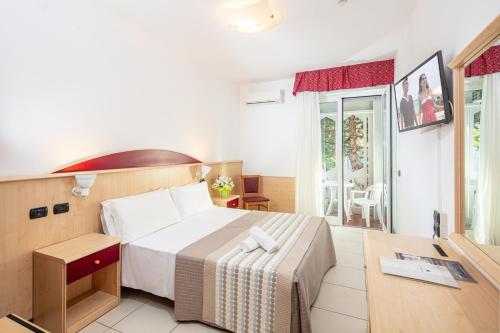 a hotel room with a bed and a desk and a room at Hotel Regina in Lignano Sabbiadoro