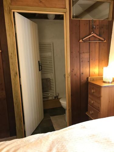 1 dormitorio con puerta que conduce a un baño en Tiny Cosy Snug, en Pembrokeshire