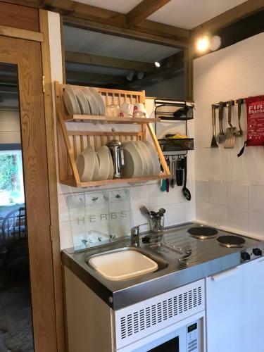 a kitchen with a sink and a counter top at Tiny Cosy Snug in Pembrokeshire