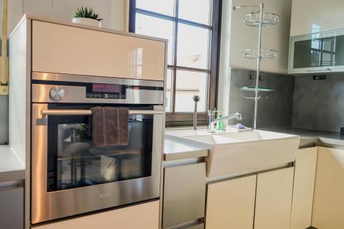 a kitchen with a stainless steel oven and a sink at 2-Raum App mit Terrasse Jena Zöllnitz in Jena