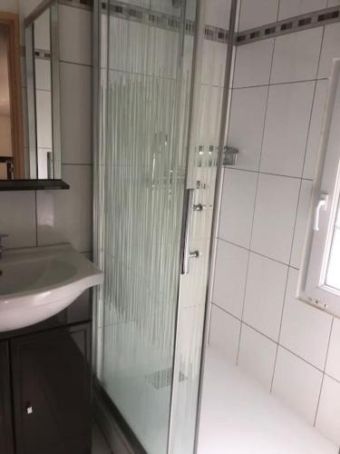 une salle de bain avec une douche en verre et un lavabo dans l'établissement Charmante maison dans résidence avec piscine proche golf et plage, à Moliets-et-Maa