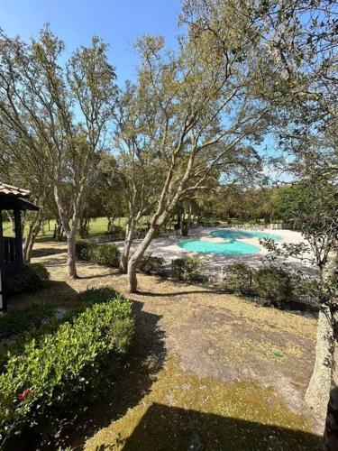 - une piscine dans une cour arborée dans l'établissement Charmante maison dans résidence avec piscine proche golf et plage, à Moliets-et-Maa