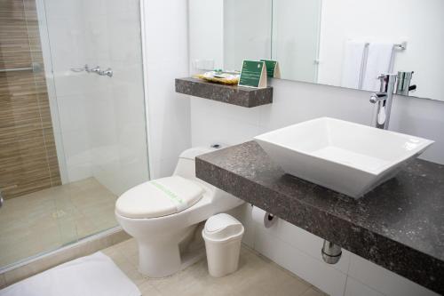 a bathroom with a sink and a toilet and a shower at Hotel Arizona Suites Cúcuta in Cúcuta
