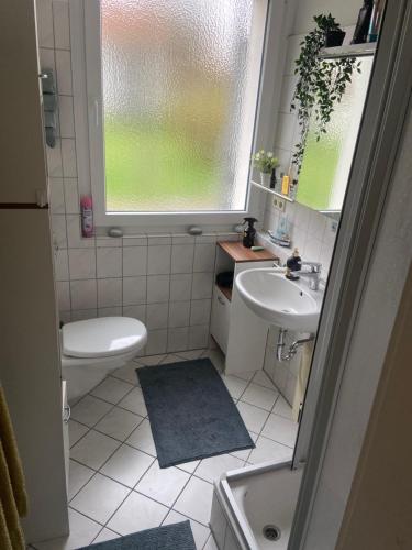 a bathroom with a sink and a toilet and a window at Ruhig gelegene 2z Wohnung in Seelze