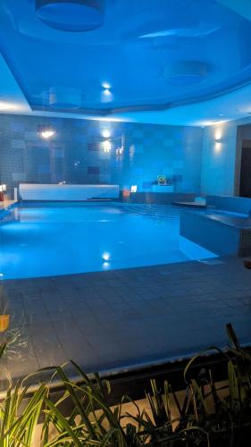 a large swimming pool with blue lighting in a building at Apartament&SPA Lis&Las in Sobótka