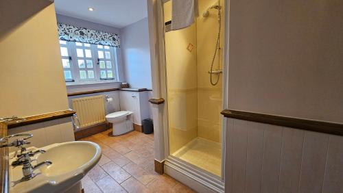 een badkamer met een douche en een wastafel bij True Lovers Knot in Blandford Forum