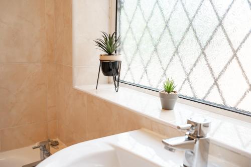 a bathroom with a sink and two potted plants on a window at Spacious 4 bed Edwardian home in Chester - Sleeps up to 7 in Chester