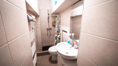 a small bathroom with a sink and a toilet at Heart of the city II in Braşov