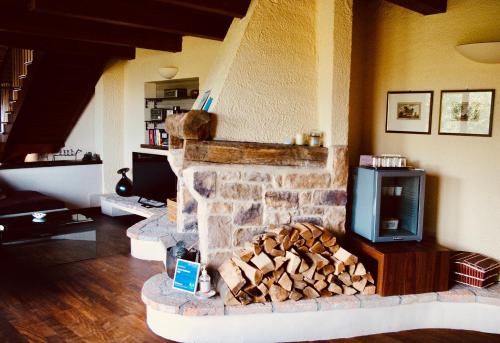 a living room with a stone fireplace with a tv at Podere Boschetto R&B in Bologna