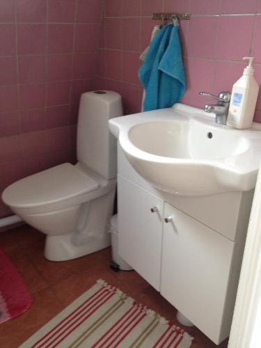 a bathroom with a white sink and a toilet at Vivans Bed and Self catering in Kristianstad