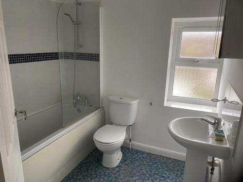 a bathroom with a toilet and a tub and a sink at Charming 3 bedroom flint cottage in Lakenheath