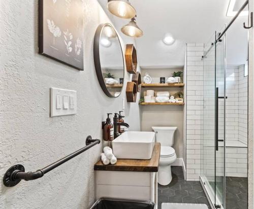 een badkamer met een wastafel, een toilet en een douche bij Chic Loft w/Parking 15 Mins to Little Switzerland in Germantown