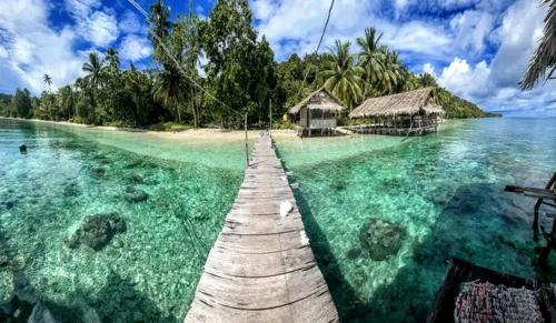 a wooden pathway in the water next to an island at Bonwau West Waigeo in Minyaifuin
