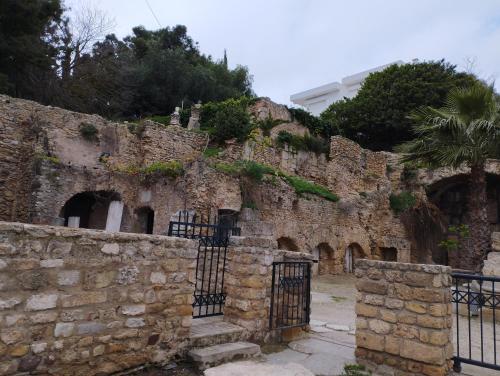 eine alte Steinmauer mit einem Tor und einem Zaun in der Unterkunft Appartement à Carthage byrsa in Karthago