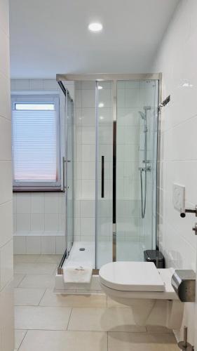 a bathroom with a glass shower and a toilet at Hotel Libers in Lauterbach