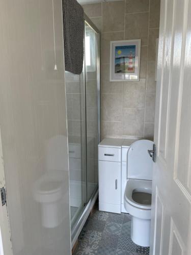 a small bathroom with a toilet and a shower at Chalet at Penstowe Holiday Park Near Bude in Bude