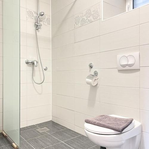 a bathroom with a toilet and a glass shower at TerraMar Apartments in Baška Voda