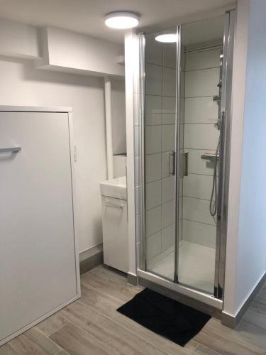 une salle de bain avec une douche avec une porte vitrée dans l'établissement Ondines, à La Baule