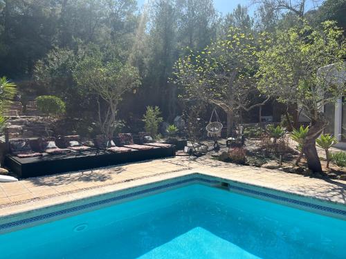 una piscina en un patio con árboles en Can Iara, en Sant Miquel de Balansat