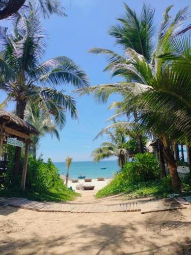 a sandy beach with palm trees and the ocean at Lama Beach Villa in An Bang