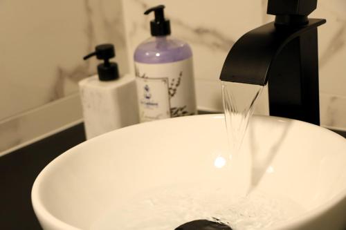 un évier avec de l'eau provenant d'un robinet dans l'établissement Baignoire Spa - 2 pièces moderne, à Villeneuve-la-Garenne