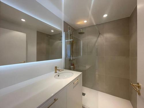 a bathroom with a sink and a shower with a mirror at Le Bluebay - Luxurious 2 bedrooms seaview swimming pool carpark in Cannes